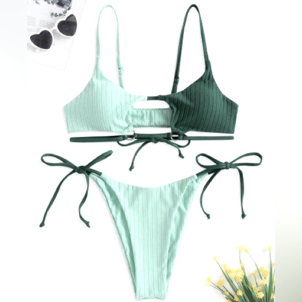 (B18) ZAFUL Two Tone Ribbed O Ring Cutout String Bikini Set - Green, Size S, NWT